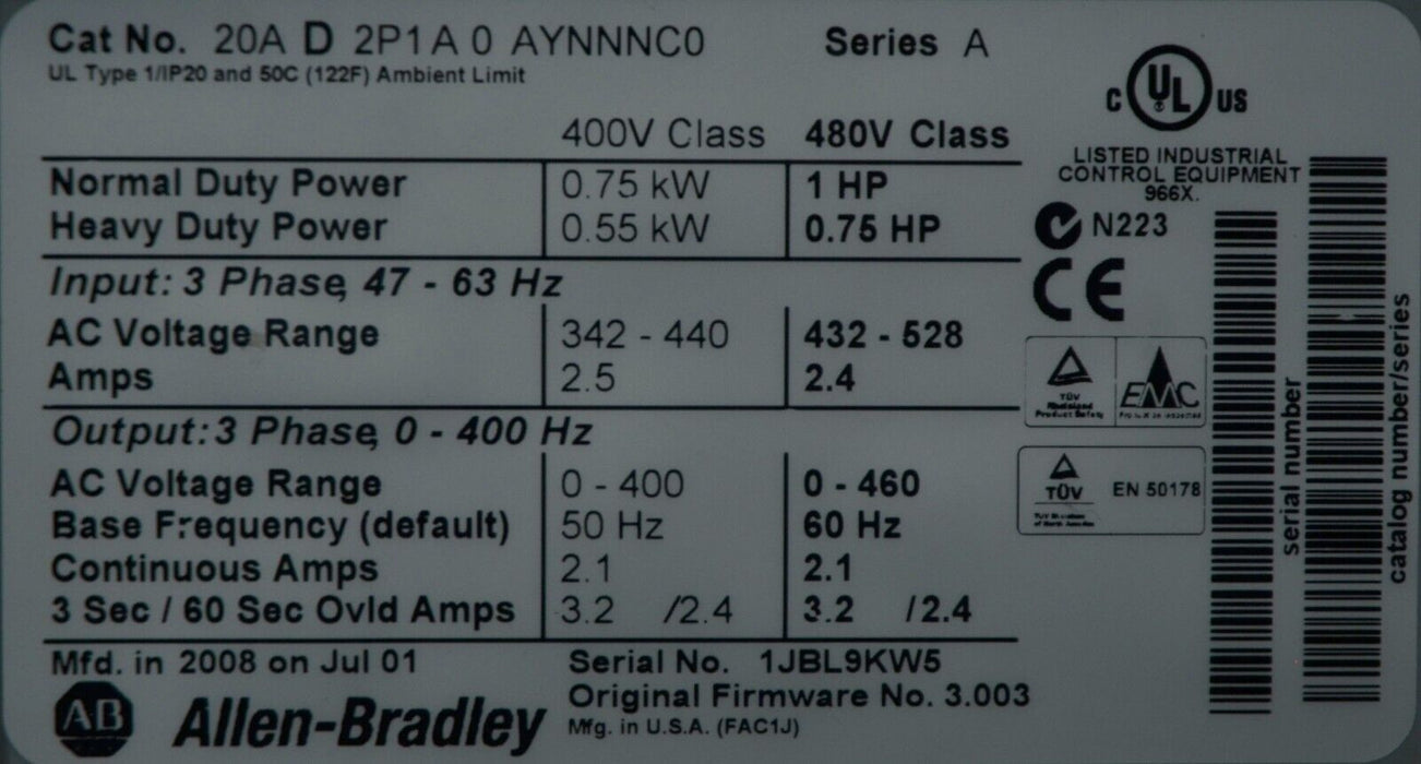 Allen-Bradley PowerFlex 70 20AD2P1A0AYNNNC0 1 HP, 480 VAC FRN: 3.003 Tested Good