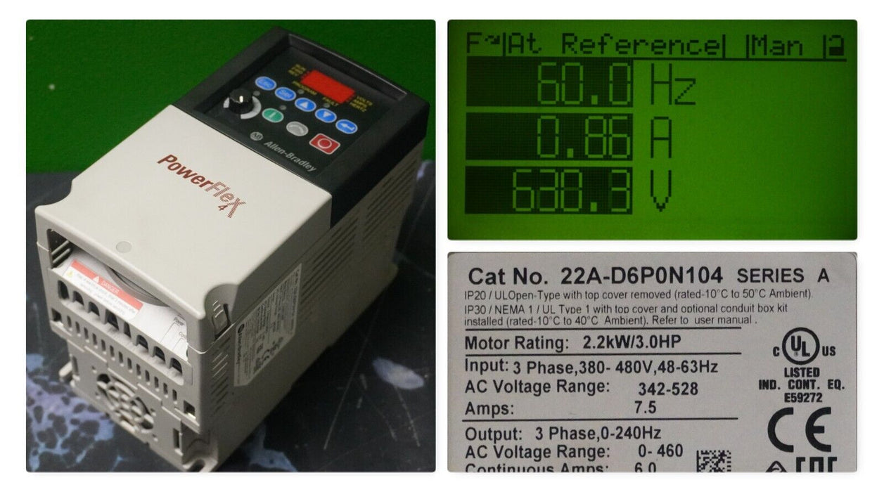 Zero Run Hours Allen-Bradley PowerFlex 4 22A-D6P0N104 3HP FRN:6.01 Series A