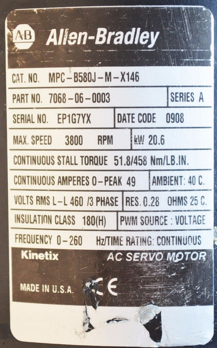 ALLEN BRADLEY MPC-B580J-M-X146 SERVO MOTOR 51.8NM 3800RPM MPCB580JMX146 460V