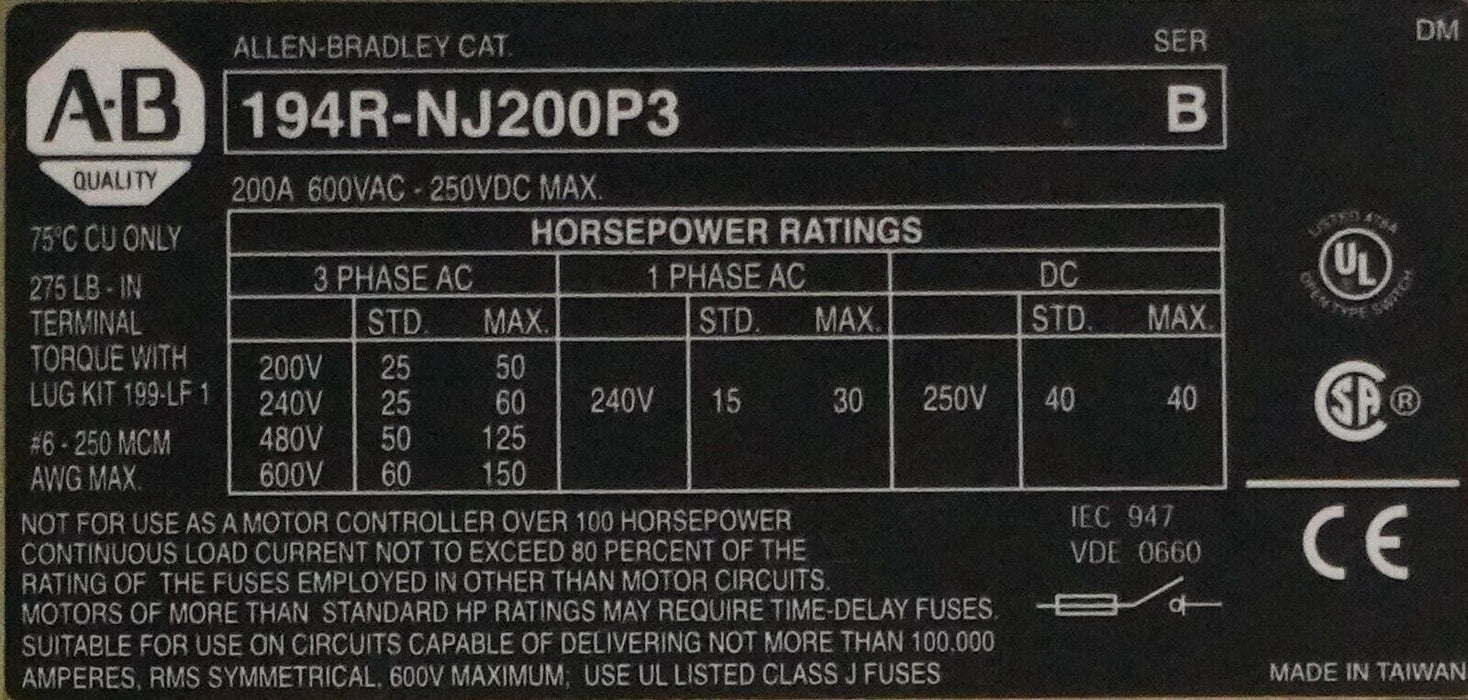 ALLEN-BRADLEY 200 AMP DISCONNECT SWITCH 3P 600VAC 194R-NJ200P3 HANDLE 194R-HM1