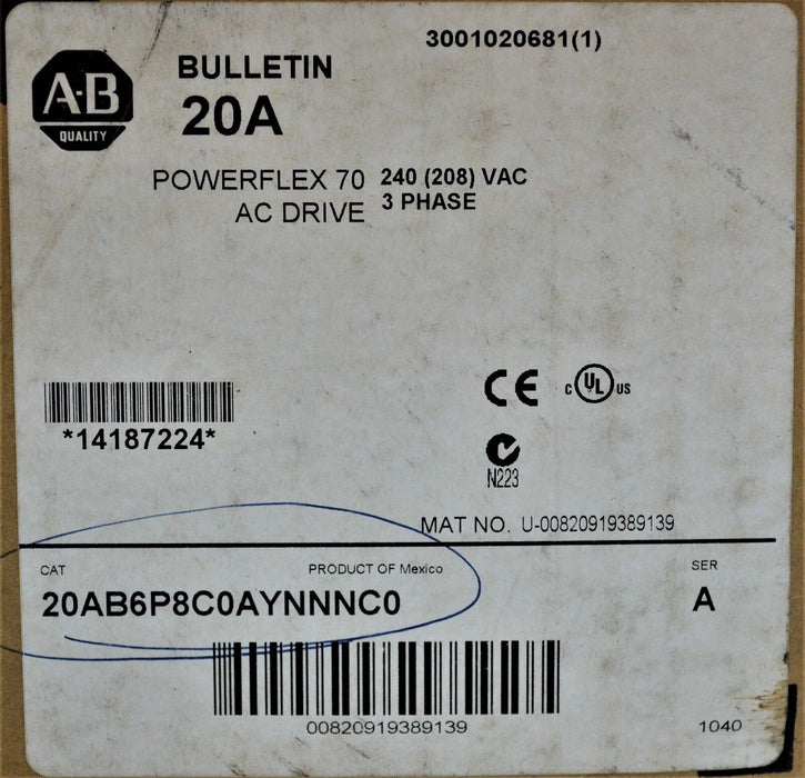 New In Box Allen-Bradley PowerFlex 70 2 HP 20AB6P8C0AYNNNC0  Mfd. 2010  240VAC