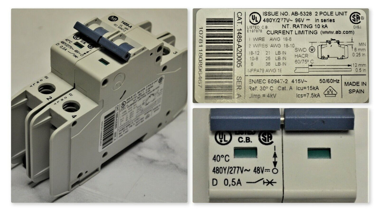 ALLEN BRADLEY 1489-A2D005 SER.A CIRCUIT BREAKER 2P TESTED GOOD