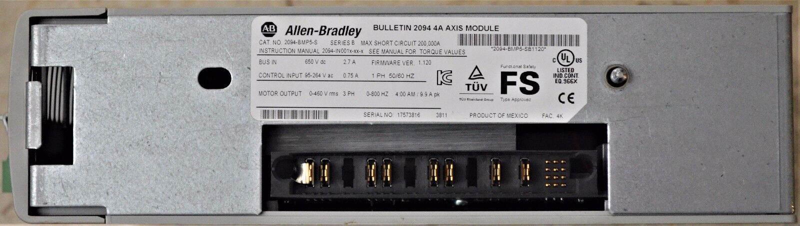 ALLEN-BRADLEY KINETIX 6000 2094-BMP5-S AXIS MODULE 4 AMPS 480 VAC FIRMWARE 1.120