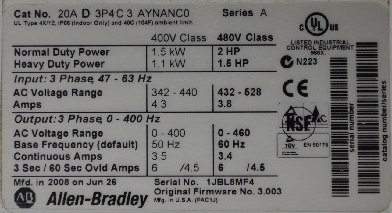 Allen-Bradley PowerFlex 70 2 HP 20AD3P4C3AYNANC0 480 VAC Tested FRN:3.003