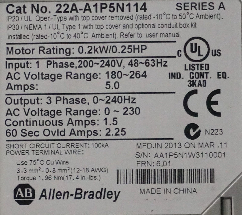 Low Hrs Allen-Bradley 22A-A1P5N114 POWERFLEX 4 1/4HP FRN 6.01 Tested Good