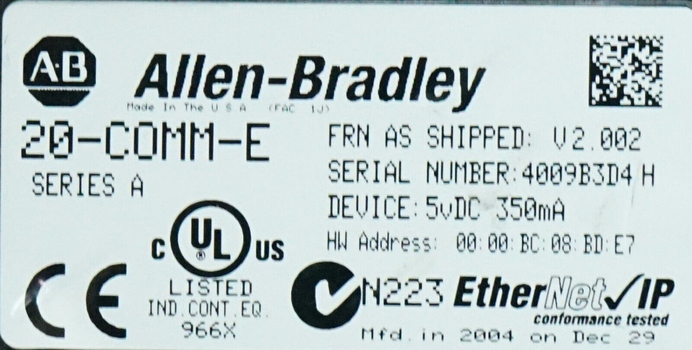 Allen-Bradley 20-COMM-E Powerflex Ethernet Module 20-COMM-E/A Series A FRN:2.002