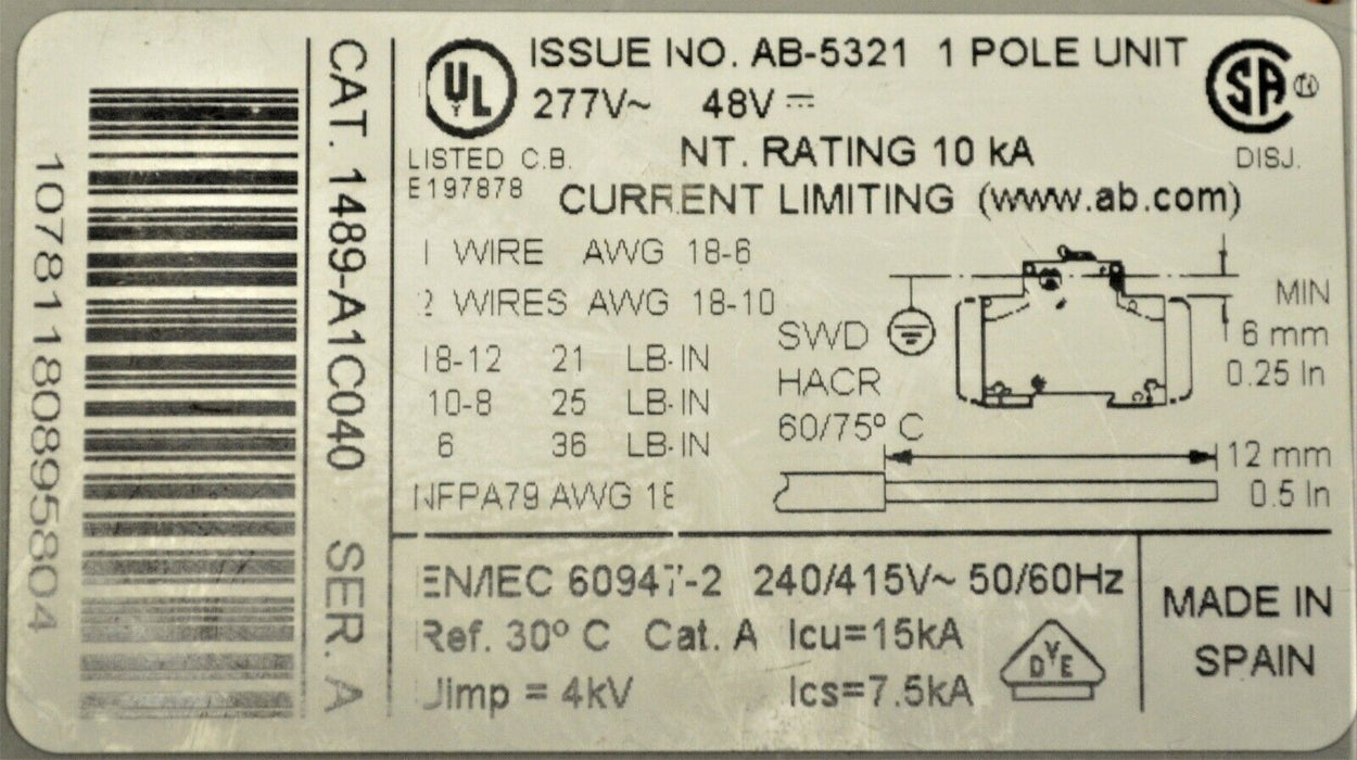 ALLEN BRADLEY 1489-A1C040 SER.A CIRCUIT BREAKER 4 AMPS 1 POLE TESTED GOOD