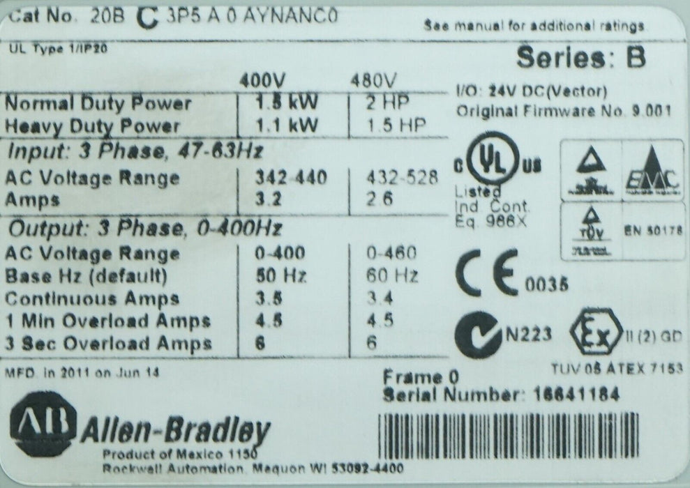 Low Hr Allen Bradley PowerFlex 700 2HP 20BC3P5A0AYNANC0 480VAC Tested FRN:9.001