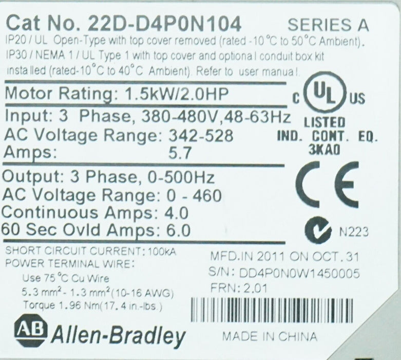 Allen Bradley 22D-D4P0N104 PowerFlex40 2 HP Series A 480 VAC FRN:2.01