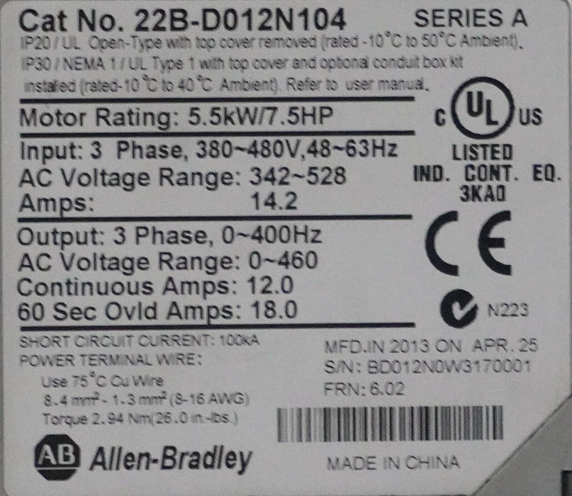 Allen-Bradley 22B-D012N104 7.5 HP Powerflex40 Ser. A FRN:6.02 Tested Good Clean