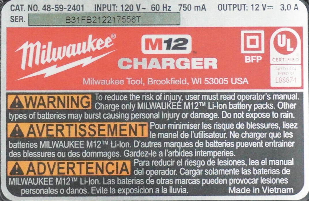 New Milwaukee 48-59-2401 M12 12V Lithium Ion Battery Charger 12 Volt OEM