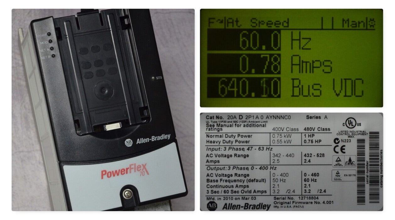 Allen-Bradley PowerFlex 70 20AD2P1A0AYNNNC0 Ser. A 1 HP FRN 4.001 Tested Good