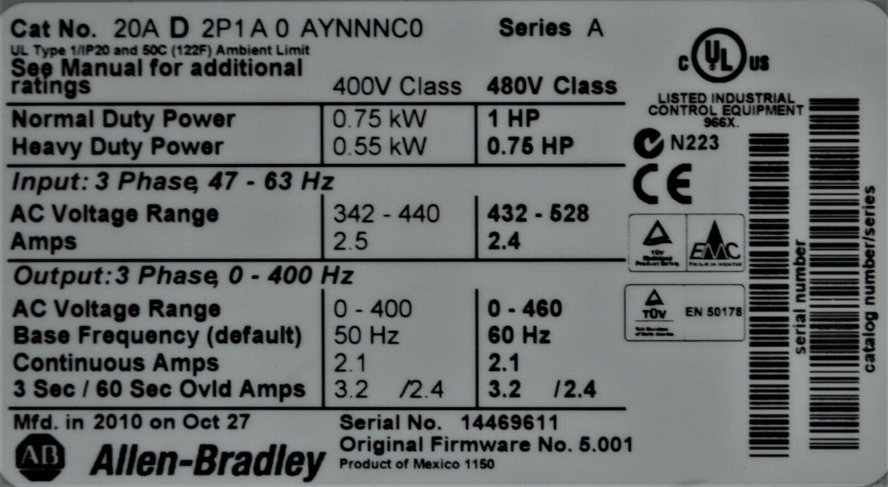 Allen-Bradley 20AD2P1A0AYNNNC0 PowerFlex70 1 HP Series A FRN: 5.001 Tested Good