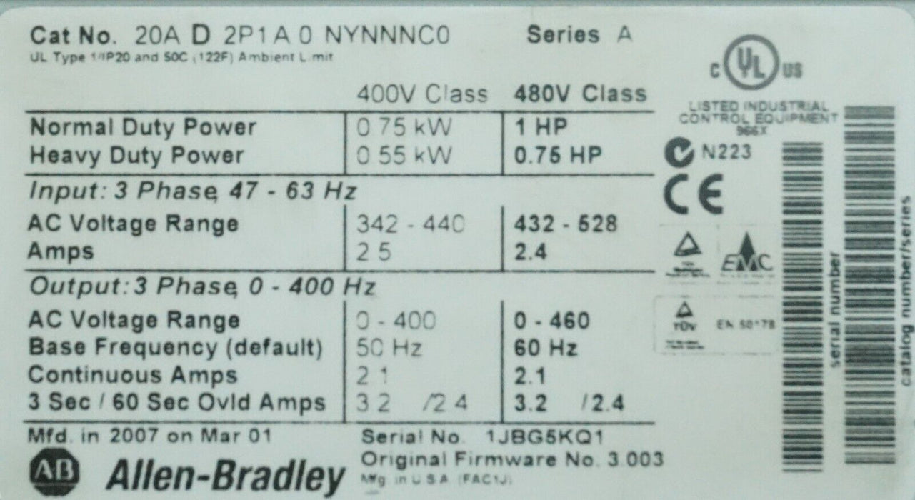 New Allen-Bradley 20AD2P1A0NYNNNC0 PowerFlex70 1HP 480 VAC FRN 5.001