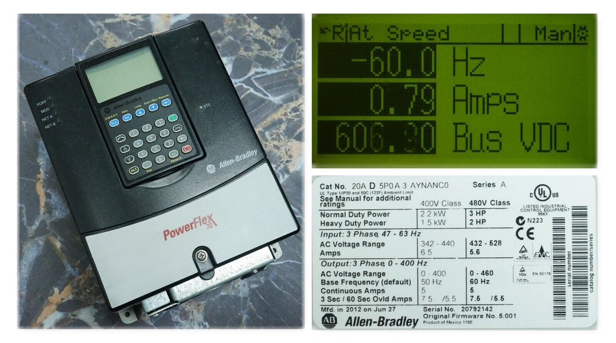 Low Hour Allen-Bradley PowerFlex 70 3HP 20AD5P0A3AYNANC0 480VAC FRN:5.001 Tested