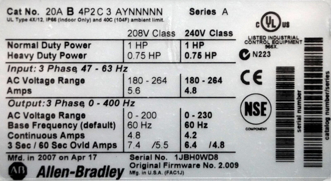 Low Hour Allen-Bradley PowerFlex 70 1 HP 20AB4P2C3AYNNNNN FRN: 2.009 Tested Good