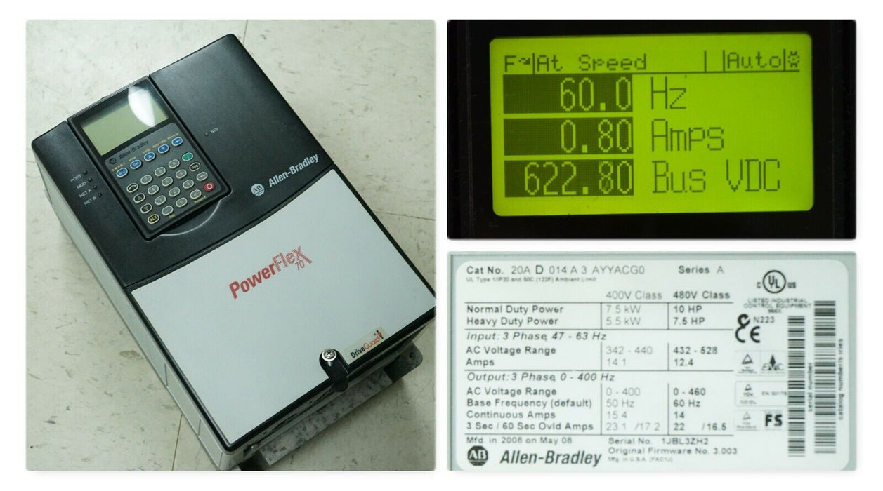 Allen-Bradley PowerFlex 70 10 HP 20AD014A3AYYACG0 480VAC Tested Good