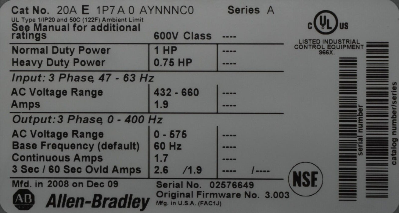 Allen-Bradley PowerFlex 70 1 HP Ser. A 20AE1P7A0AYNNNC0 600 VAC FRN 3.003 Tested