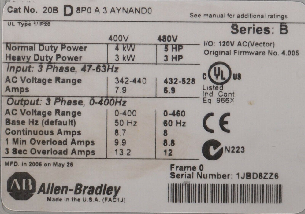 Allen-Bradley PowerFlex 700 5 HP 20BD8P0A3AYNAND0 480 VAC Tested FRN 4.005