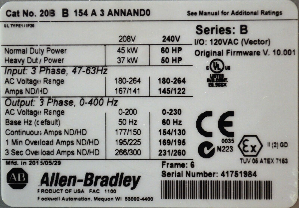 Allen Bradley PowerFlex 700 60HP VFD 20BB154A3ANNAND0 Tested Good