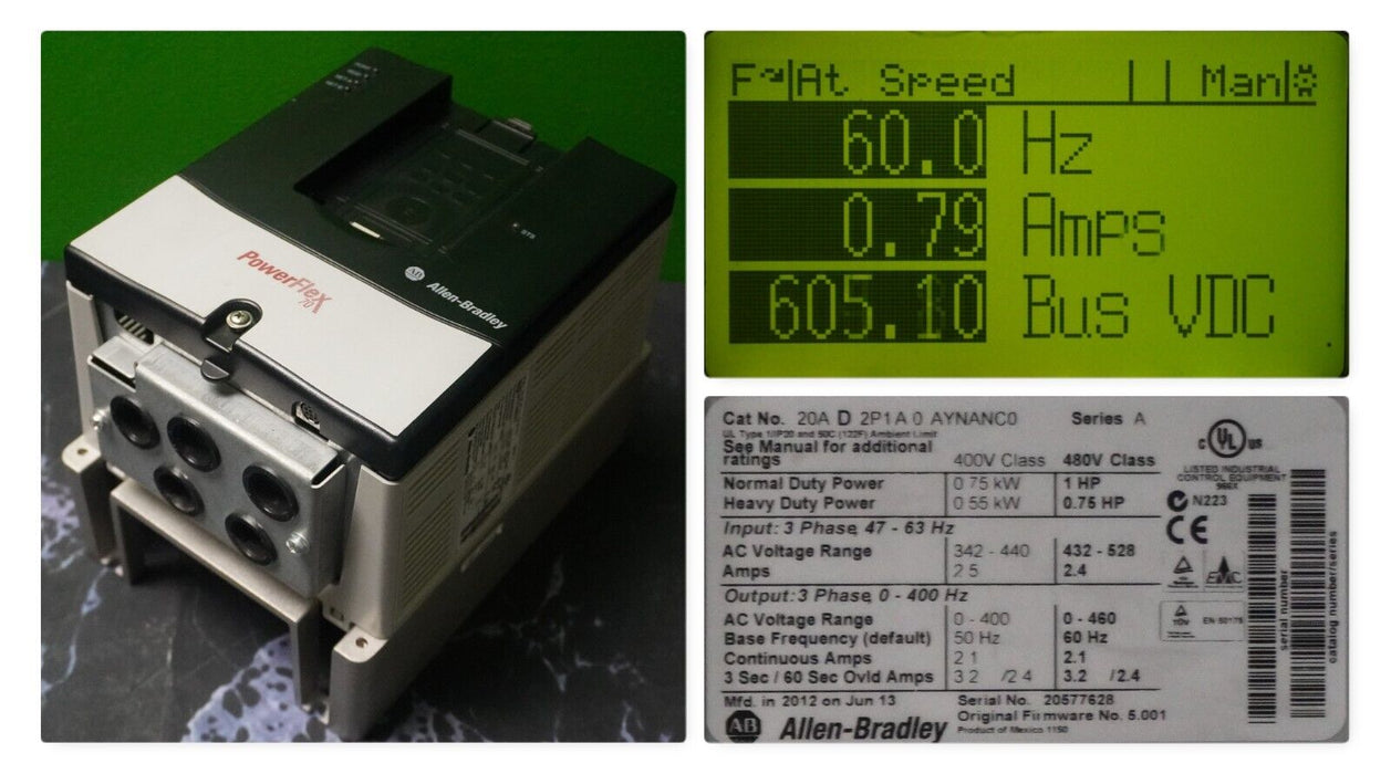 Low Hr Allen-Bradley PowerFlex 70 1HP 20AD2P1A0AYNANC0 480 VAC Tested FRN:5.001