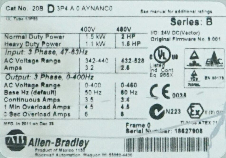 Allen-Bradley PowerFlex 700 2 HP 20BD3P4A0AYNANC0 480VAC FRN:9.001