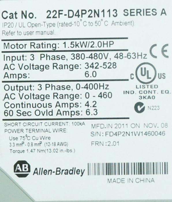 Allen-Bradley PowerFlex 4M VFD 2.0HP Cat. 22F-D4P2N113 Ser A FRN:2.01