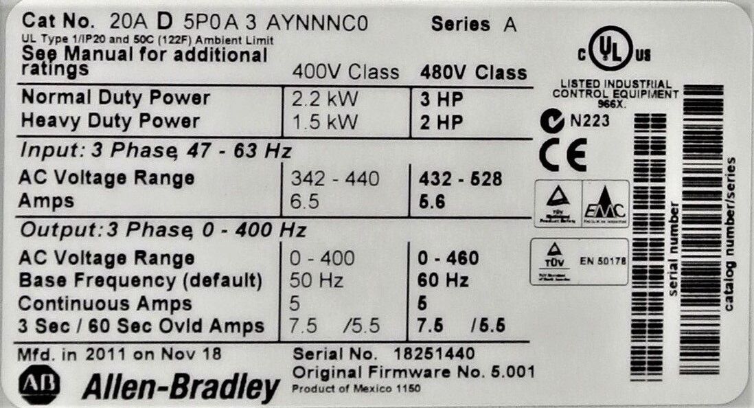 Allen-Bradley PowerFlex 70 3 HP 20AD5P0A3AYNNNC0 480VAC FRM: 5.001