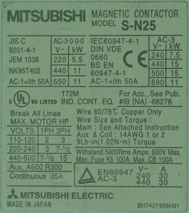 Mitsubishi S-N25 Reversing Motor Starter, 2- 50Amp Contactors, 110v Coil