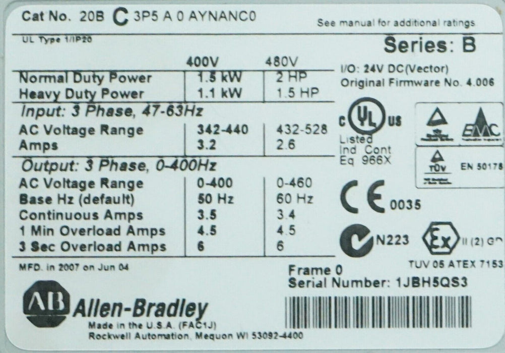 New Allen Bradley PowerFlex 700 2HP 20BC3P5A0AYNANC0 480 VAC FRN:4.006