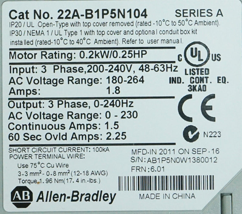 Zero Hours Allen Bradley 22A-B1P5N104/A POWERFLEX 4 AC Drive 1/4HP FRN:6.01