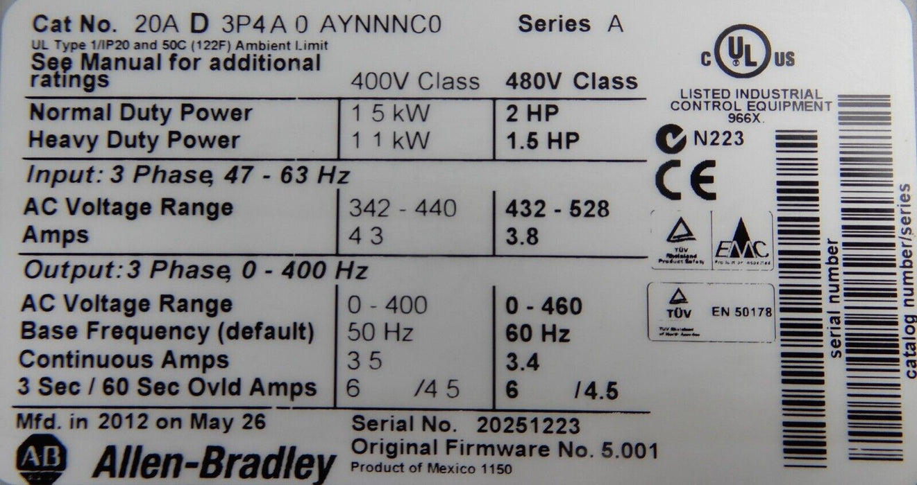 Allen-Bradley PowerFlex70 20AD3P4A0AYNNNC0 2 HP 480 VAC FRN: 5.001 Series A