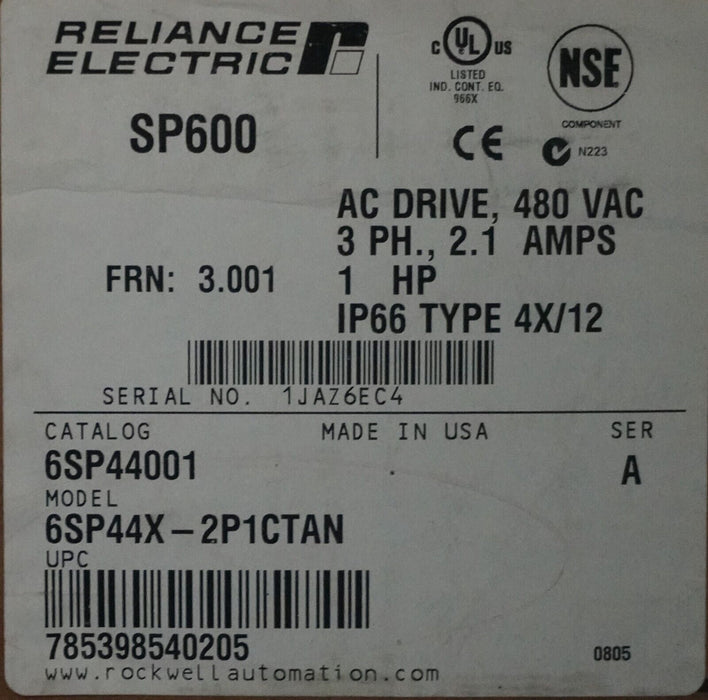 New Reliance Electric SP600 1HP 6SP44X-2P1CTAN FRN:3.001