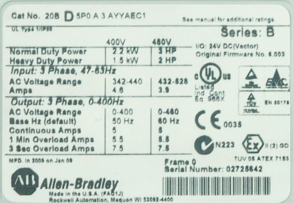 Used Allen Bradley PowerFlex 700 3 HP 20BD5P0A3AYYAEC1 480VAC Power Supply