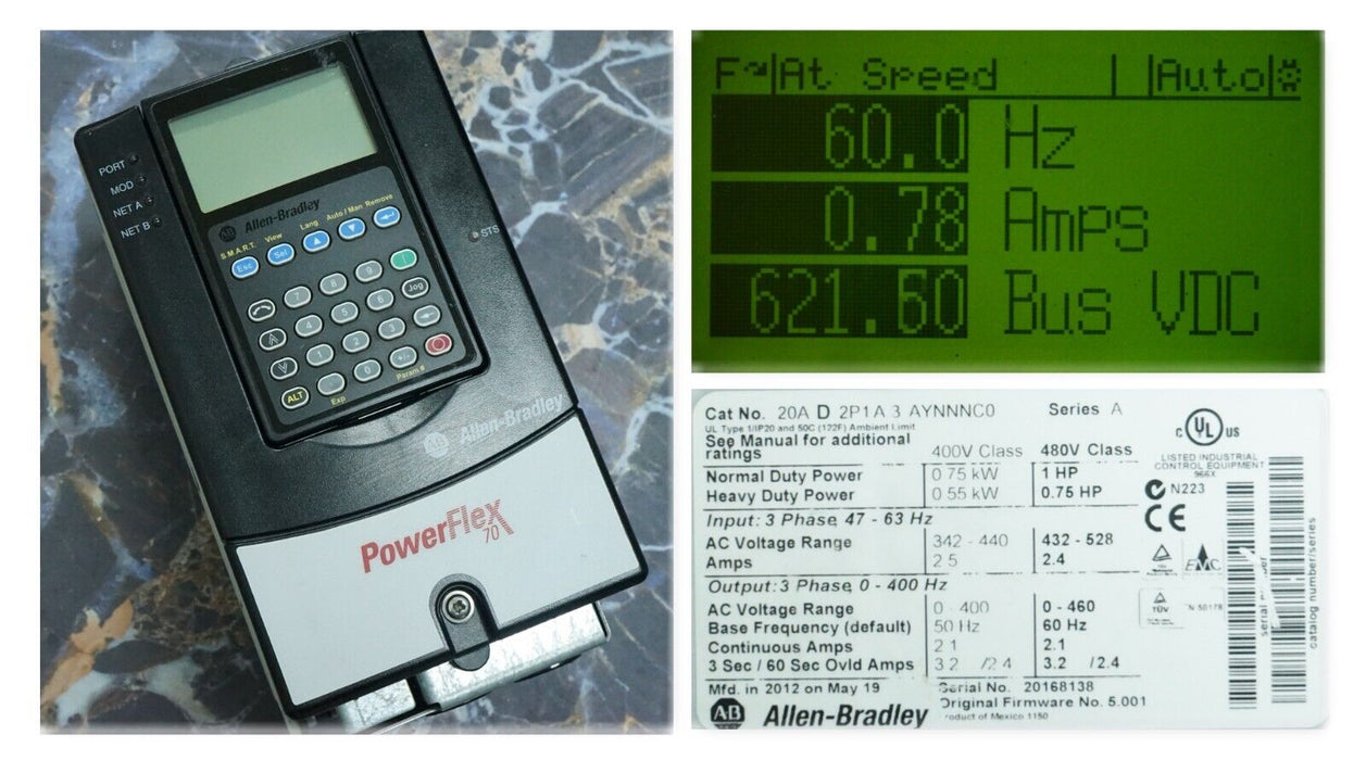 Low Hour Allen-Bradley PowerFlex 70 1HP 20AD2P1A3AYNNNC0 480VAC FRN:5.001 Tested