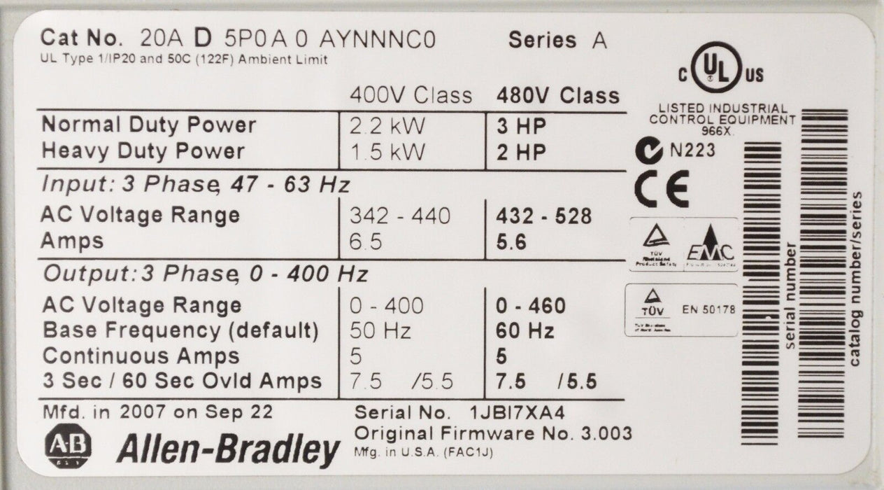 Allen-Bradley PowerFlex 70  3HP 20AD5P0A0AYNNNC0 480VAC Clean Tested Good