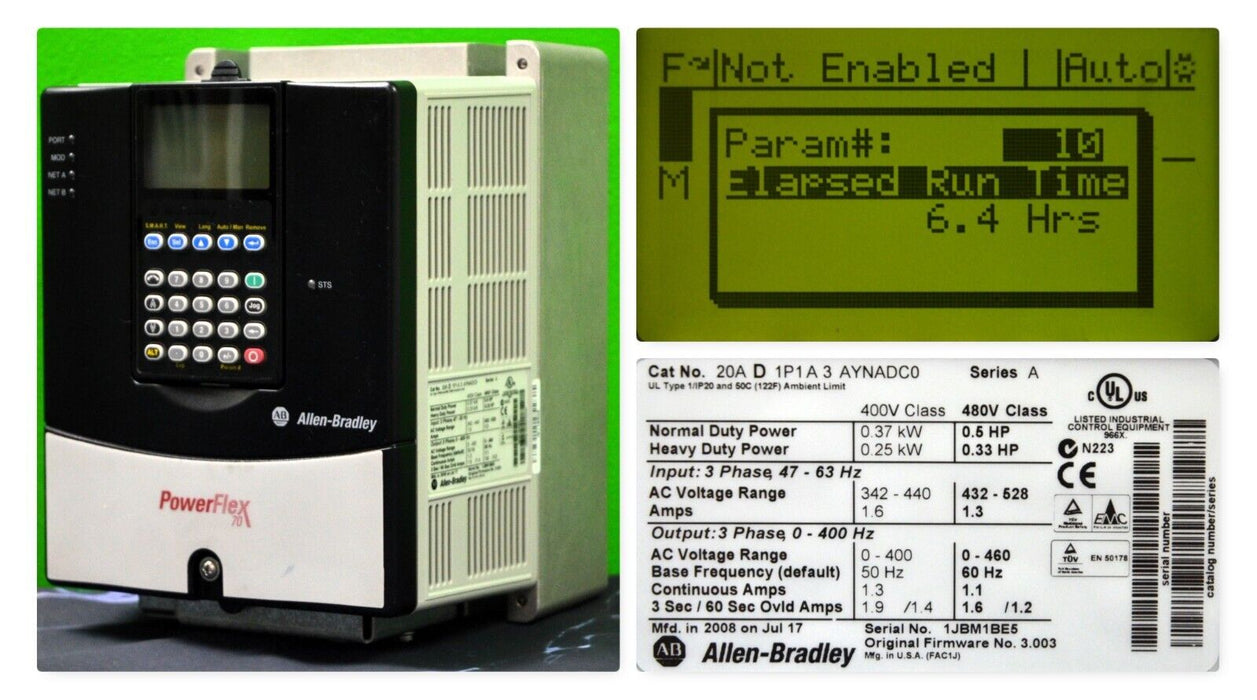 Low Hour Allen-Bradley 20AD1P1A3AYNADC0 PowerFlex 70 1/2 HP FRN 3.003 Series A