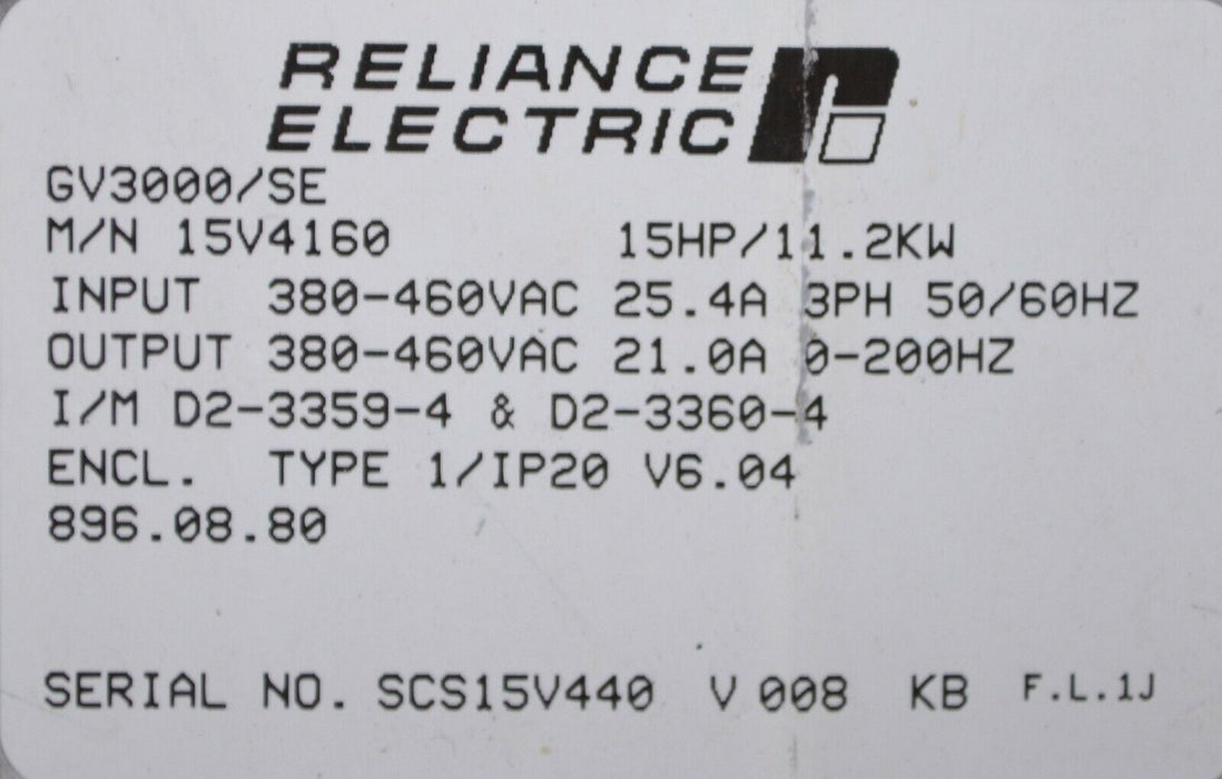 RELIANCE ELECTRIC GV3000 15 HP 15V4160 VER. 6.07 AC DRIVE INVERTER TESTED GOOD