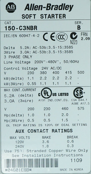 Allen Bradley SMC-3 150-C3NBR Smart Motor Controller Series B 3 Phase FRN 2.09