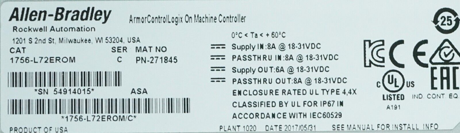 Allen-Bradley 1756-L72EROM Armor GuardLogix Safety Controller