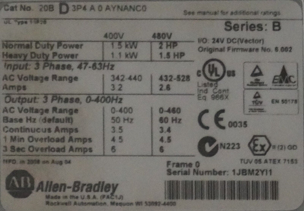 Allen-Bradley PowerFlex 700 2HP 20BD3P4A0AYNANC0 480VAC FRN:6.002