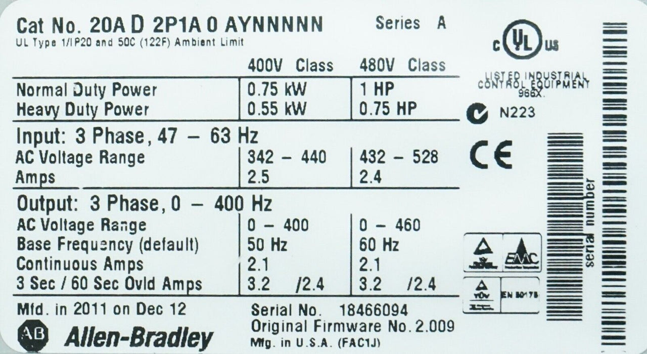 Powerflex 70 Allen Bradley 20AD2P1A0AYNNNNN/A 1HP FRN:2.009 TESTED