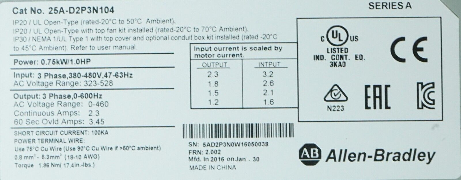 Allen-Bradley PowerFlex 523 25A-D2P3N104 1HP FRN:2.002 Series A