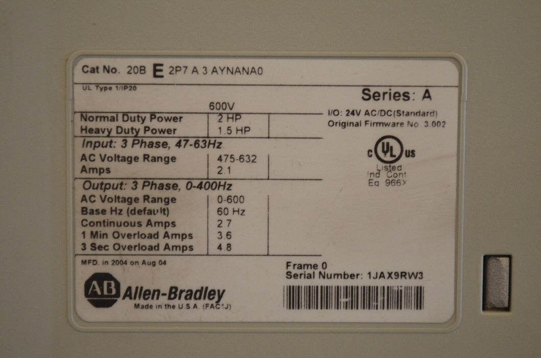 Allen-Bradley PowerFlex 700 2 HP 20BE2P7A3AYNANA0 Tested Clean FRN 3.002