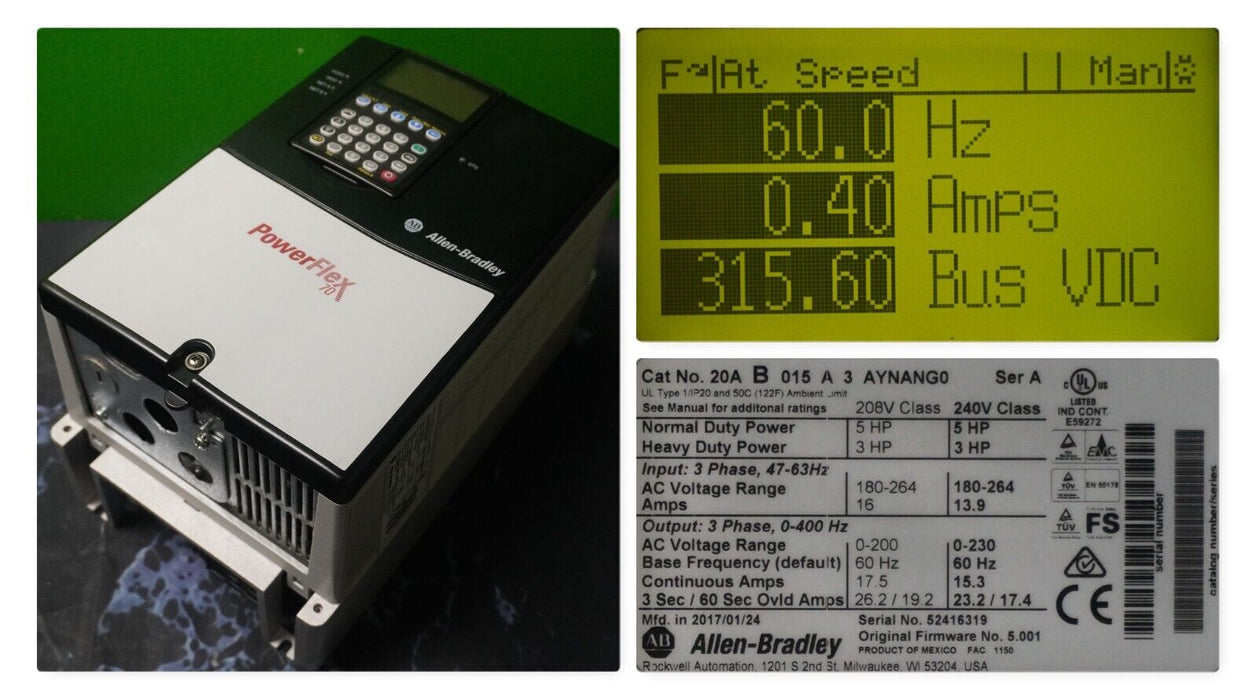 Allen-Bradley PowerFlex 70 5HP 20AB015A3AYNANG0 240VAC FRN:5.001