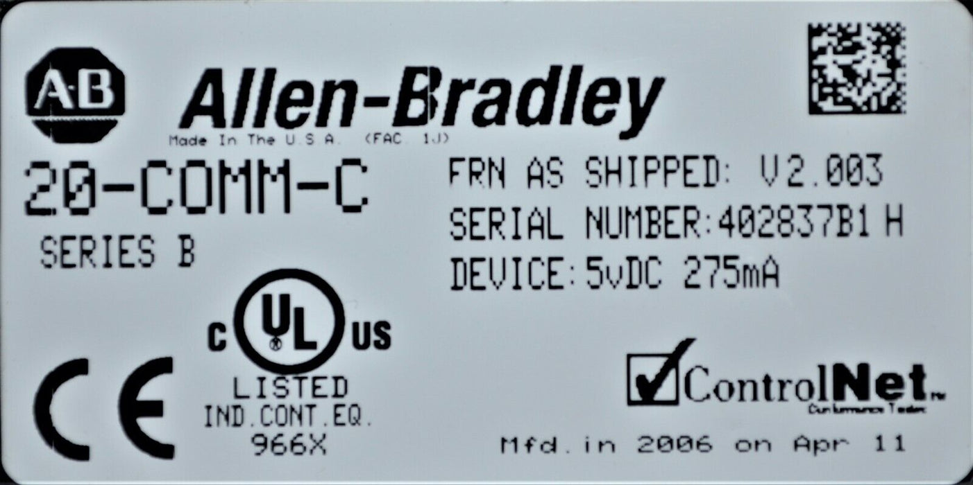 Allen Bradley 20-COMM-C ControlNet Adapter Ser. B FRN. 2.003 (77 AVAILABLE)