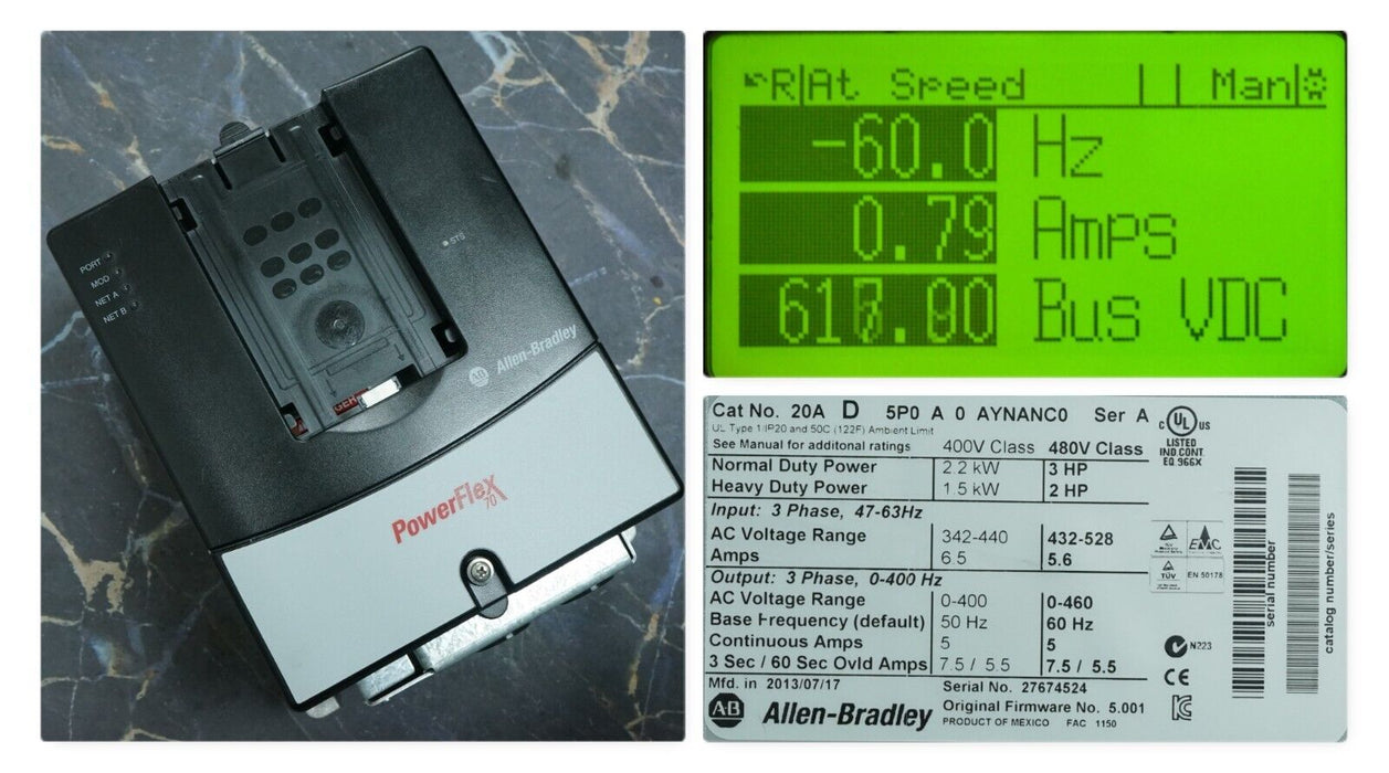 Allen-Bradley PowerFlex 70 3HP 20AD5P0A0AYNANC0 Series A Tested Good FRN:5.001