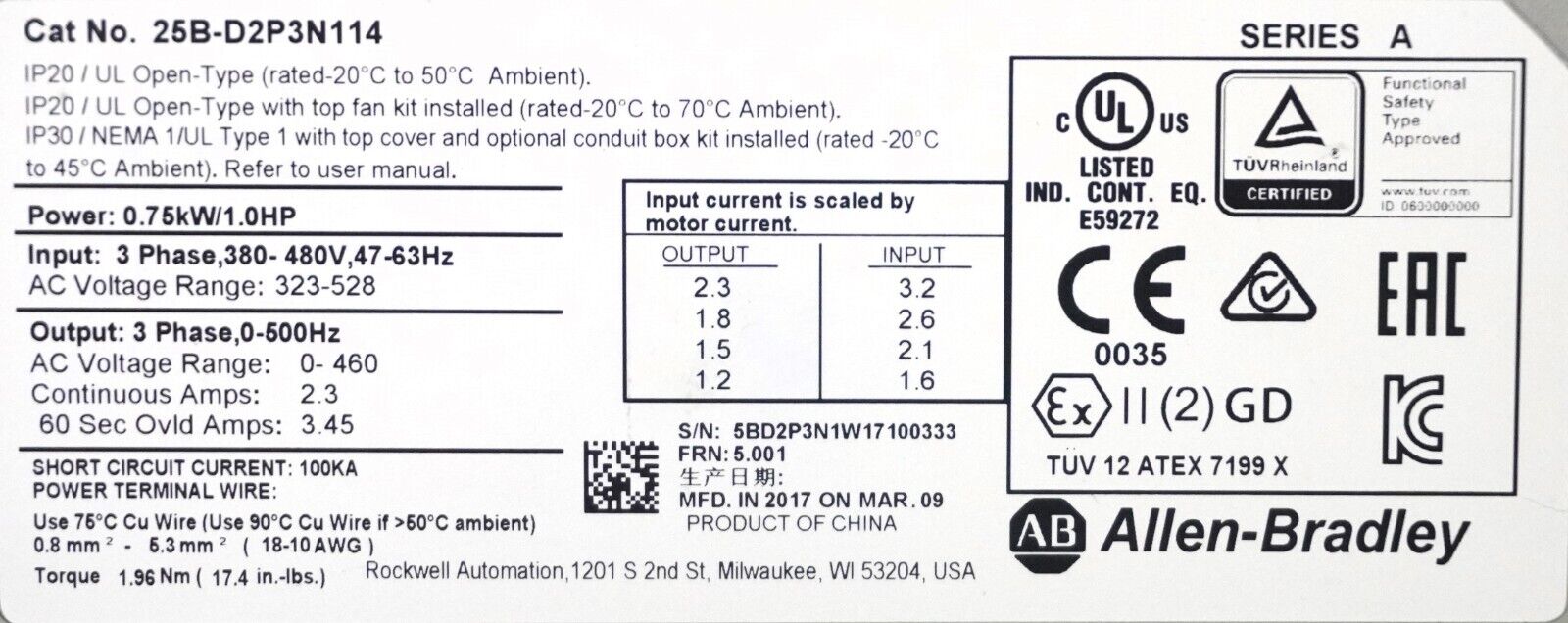 Low Hour Allen Bradley 25B-D2P3N104 1HP PowerFlex 525 Series A FRN: 5.001 Tested