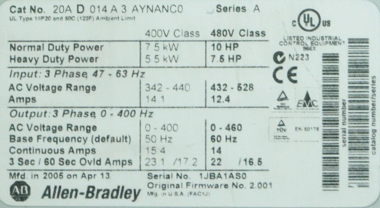 Allen-Bradley PowerFlex70 20AD014A3AYNANC0 10HP FRN:2.001 Tested Good