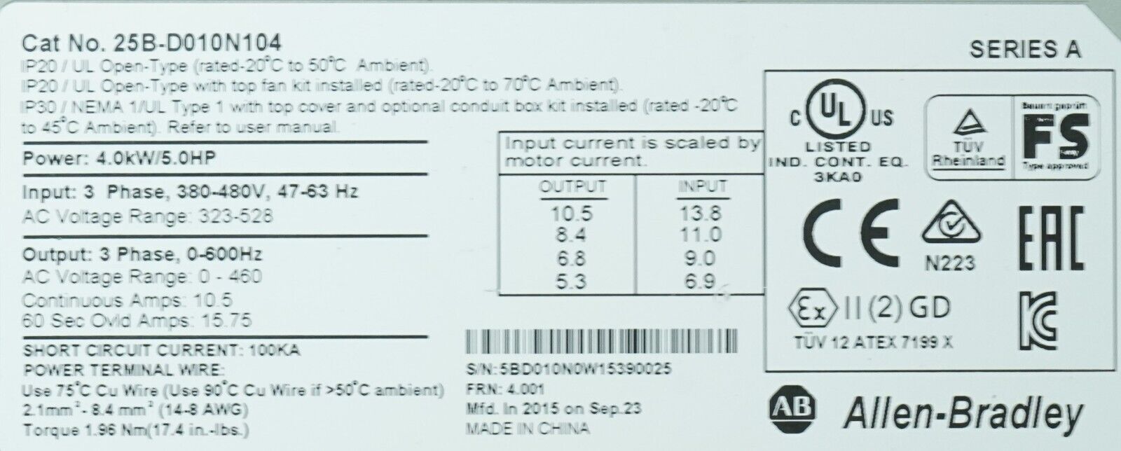 Low Hr 2015 Allen Bradley 25B-D010N104 5HP Powerflex 525 Series A FRN:4.001